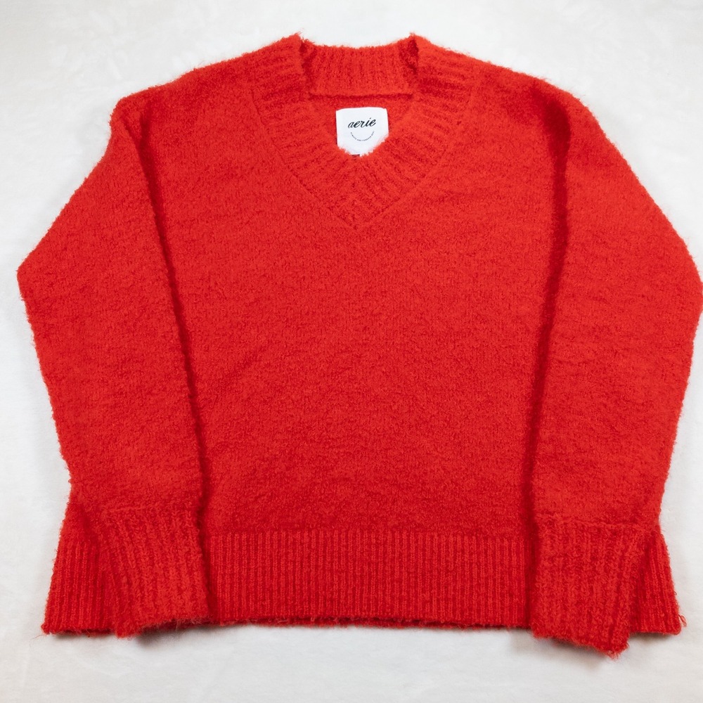 Aerie Womens V-Neck Eyelash Knit Sweater Red Small Fuzzy Cozy Pullover